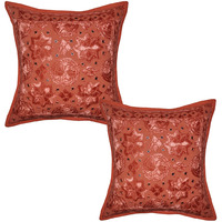 Ethnic Cotton Cushion Covers Pair Orange Mirror Embroidered Sofa Pillowcases 16 Inch