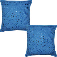 Indian Embroidered Mirror Cotton Turquoise Sofa Bedding Pillow Cushion Cover Set