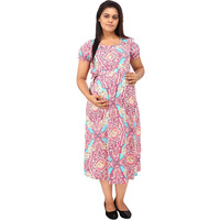 Mamma's Maternity Women's Rayon Peach Printed  Maternity Dress