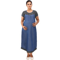 Mamma's Maternity Women's Yellow Check's Printed Blue Denim Maternity Dress