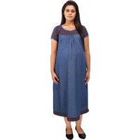 Mamma's Maternity Women's Red Check's Printed Blue Denim Maternity Dress