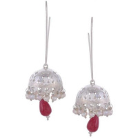 Silver-Toned & Red Circular Jhumkas By Silvermerc Designs
