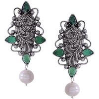 Silver-Toned & Green Peacock Shaped Drop Earrings By Silvermerc Designs