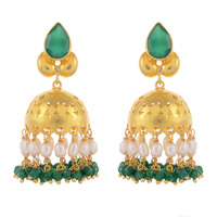 Gold Plated, Green Oynx, Pearls Beautiful Jhumka Earrings By Silvermerc Designs