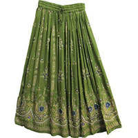 Womens Indian Sequin Crinkle Broomstick Gypsy Long Skirt (Olive Green)