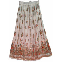 Womens Indian Sequin Crinkle Broomstick Gypsy Long Skirt (White/Multicolored)