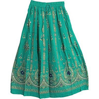Womens Indian Sequin Crinkle Broomstick Gypsy Long Skirt (Mint Green)