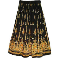 Womens Indian Sequin Crinkle Broomstick Gypsy Long Skirt (Black)