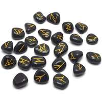 Winmaarc Natural Gemstone Runes Set Polished Stone Engraved Symbol 25pcs Set Crystal Chakra Healling (Black Agate)