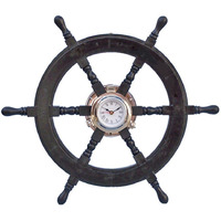 Winmaarc Wooden Handmade Deluxe Class Black Wood and Chrome Pirate Ship Wheel Clock 24