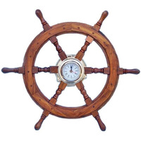 Winmaarc Wooden Handmade Deluxe Class Black Wood and Brass Pirate Ship Wheel Clock 24