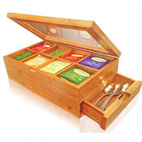 Winmaarc Tea Box Storage Natural Tea Chest Tea Bag Holder with Clear Hinged Lid