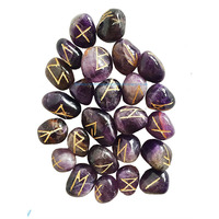 Winmaarc Natural Gemstone Runes Set Polished Stone Engraved Symbol 25pcs Set Crystal Chakra Healling (Amethyst)