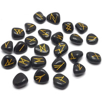 Winmaarc Natural Gemstone Runes Set Polished Stone Engraved Symbol 25pcs Set Crystal Chakra Healling (Black Obsidian)