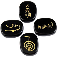 Winmaarc Healing Crystal Black Agate 4 pcs Engraved Chakra Stones Palm Stone Reiki Balancing