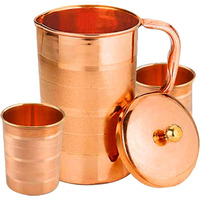 Rastogi Handicrafts Set of 2 Water Glasses and a Jug with lid, Pure Copper Drink ware Accessories Ayurveda Healing, Capacity 1.6 Litre