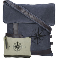 NEUDIS Genuine Leather & Recycled Stone Washed Canvas Travel Sling / Cross Body Bag for iPad & Tablet - Compass - Blue