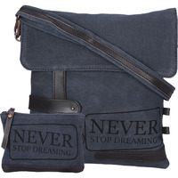 NEUDIS Genuine Leather & Recycled Stone Washed Canvas Travel Sling / Cross Body Bag for iPad & Tablet - Never Stop Dreaming - Blue