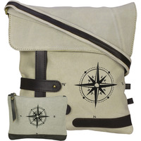 NEUDIS Genuine Leather & Recycled Stone Washed Canvas Travel Sling / Cross Body Bag for iPad & Tablet - Compass - Beige