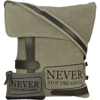 NEUDIS Genuine Leather & Recycled Stone Washed Canvas Travel Sling / Cross Body Bag for iPad & Tablet - Never Stop Dreaming - Green