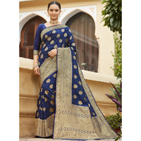 Designer Navy Blue Banarasi Silk Traditional Saree For Women