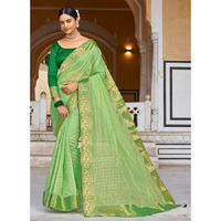 Light Green Cotton Checks Indian Designer Wedding Wear Saree