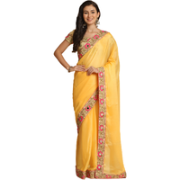 Asisa Rose Light Yellow Resham Embroidery Organza Sarees (Color: Light Yellow)