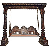 Carved Elephant & Peacock Brown Wooden Carved Royal Swing Set / Indoor Jhula