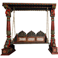 Carved Elephant & Peacock Multicolor Wooden Carved Royal Swing Set / Indoor Jhula