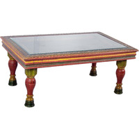 Wooden Carved Hand Painted Iron Grill Coffee Table