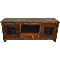 Reclaimed Wood Rustic Entertainment Center Plasma Cabinet with Iron Grill