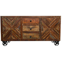 Reclaimed Industrial Sideboard Buffet Table Storage Cabinet on Iron Wheels