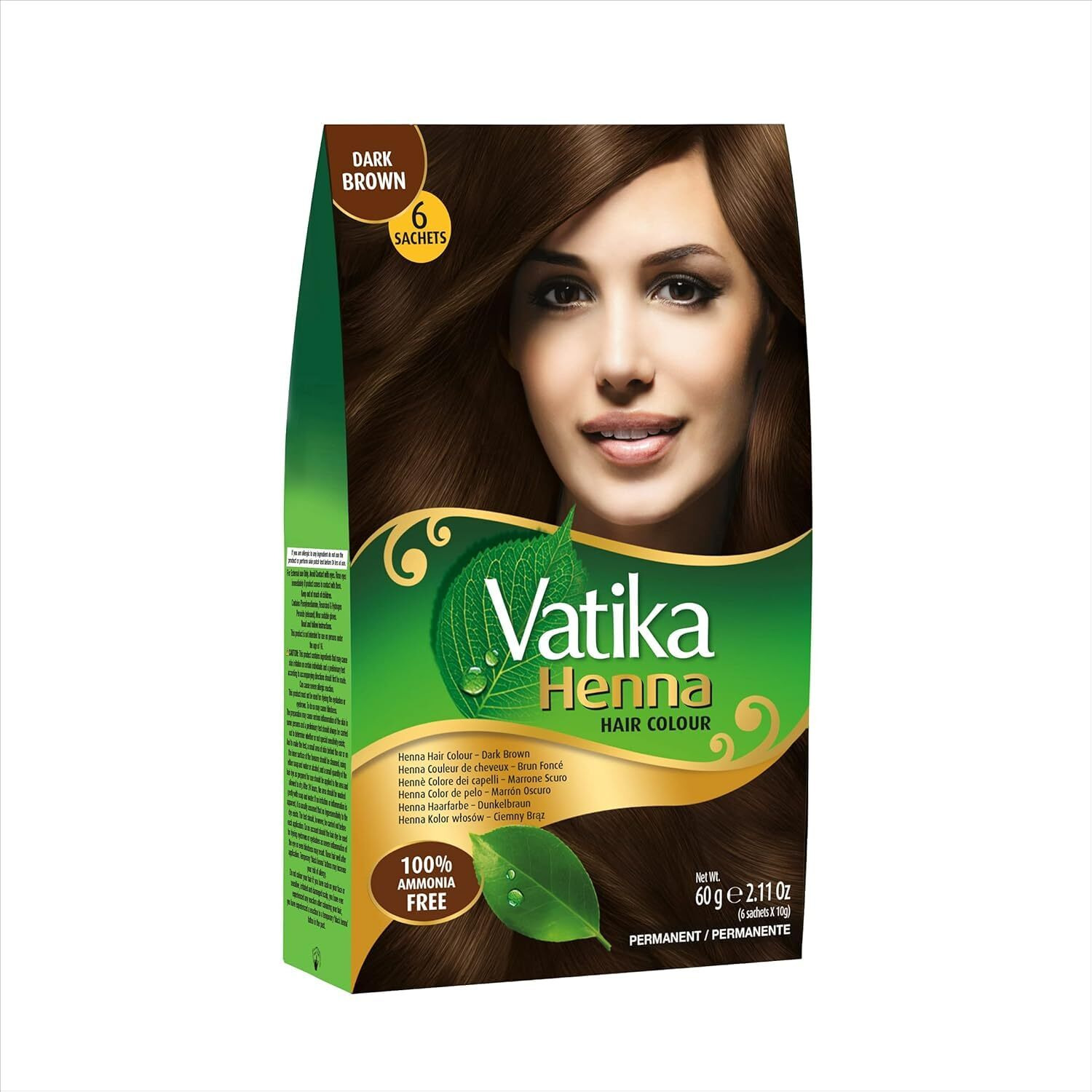 Dabur Henna Hair Color - Henna Hair Dye, Henna Hair Color and Conditioner, Zero Ammonia Henna for Strong and Shiny Hair, 100% Grey Coverage, 6 Sachets X 10g (Dark Brown)