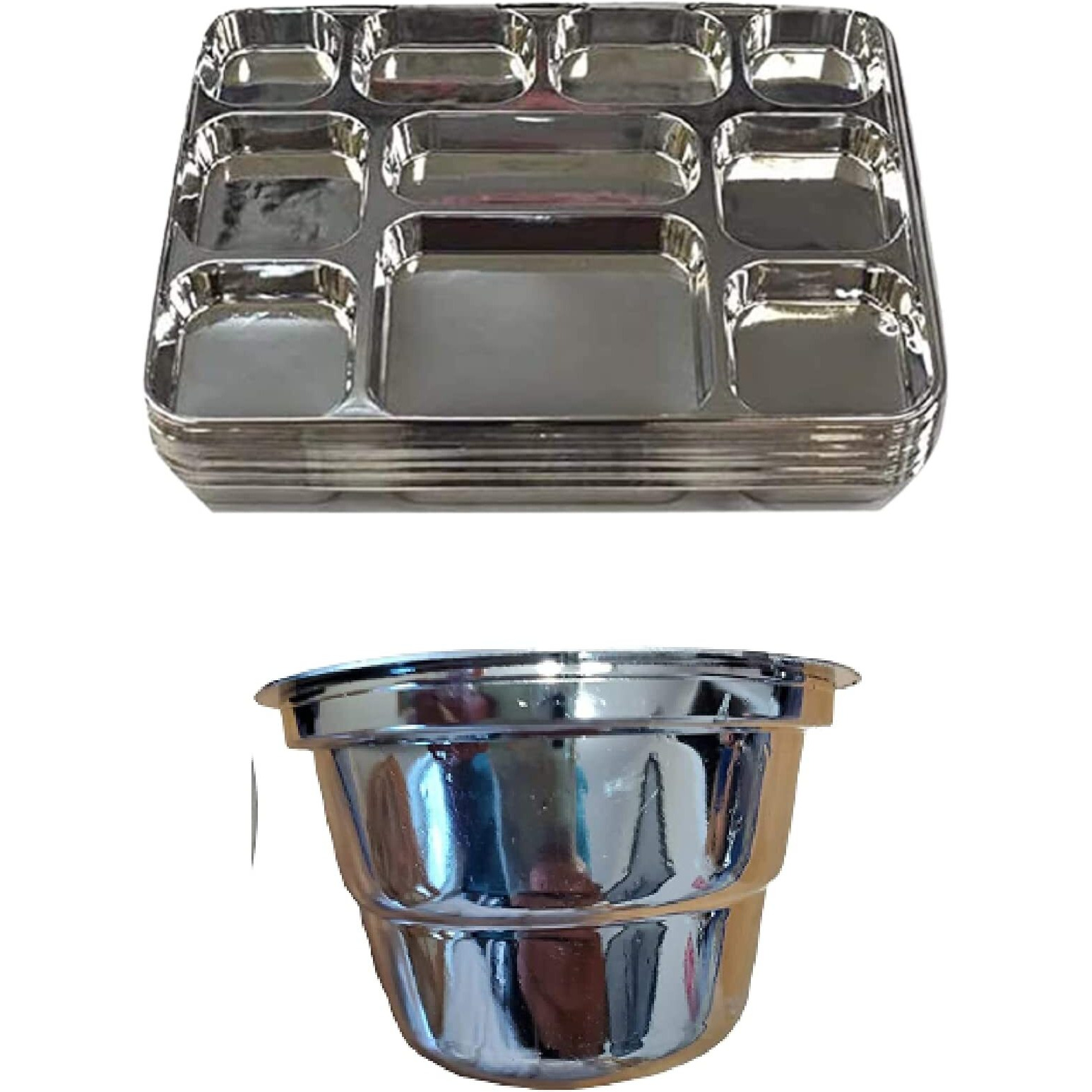 Disposable Plates 10 Compartment Silver Thali Plates Trays - For Indian Puja, Partys, Weddings