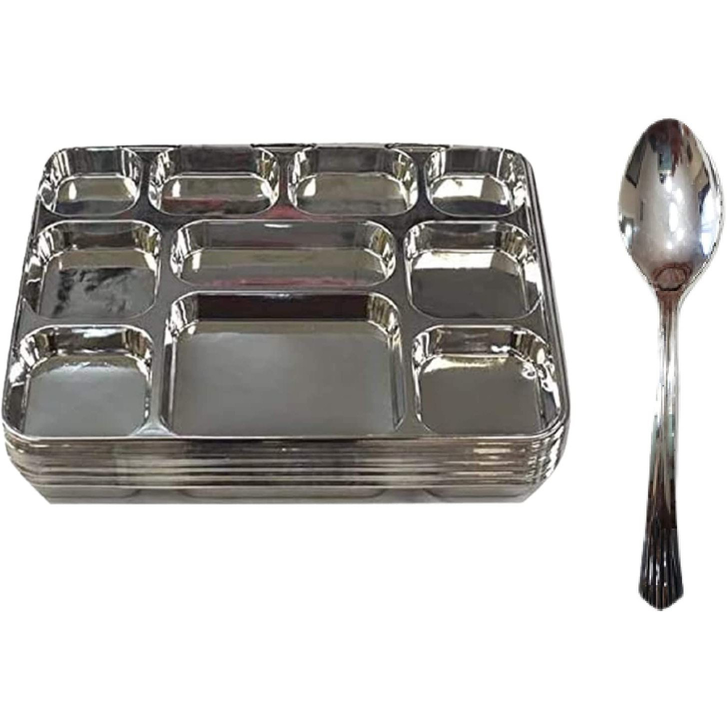Disposable Plates 10 Compartment Silver Thali Plates Trays - For Indian Puja, Partys, Weddings