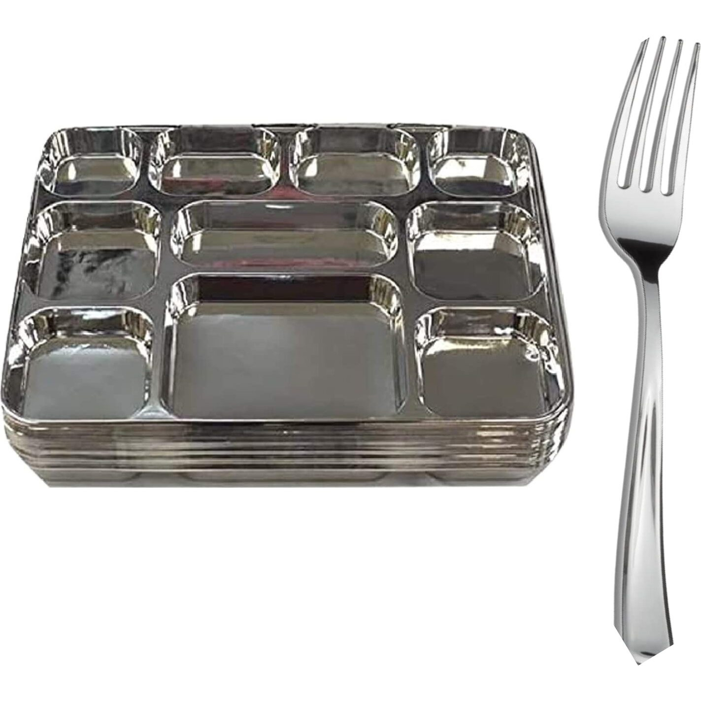 Disposable Plates 10 Compartment Silver Thali Plates Trays - For Indian Puja, Partys, Weddings