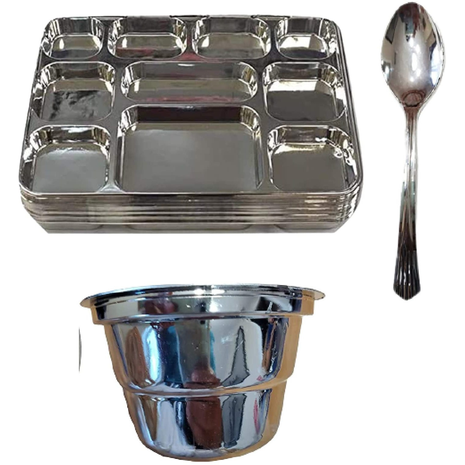 Disposable Plates 10 Compartment Silver Thali Plates Trays - For Indian Puja, Partys, Weddings
