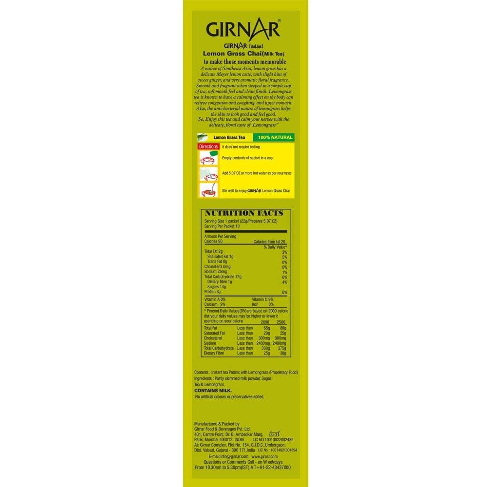 Girnar Instant Chai (Tea) Premix With Lemongrass, 10 Sachet Pack