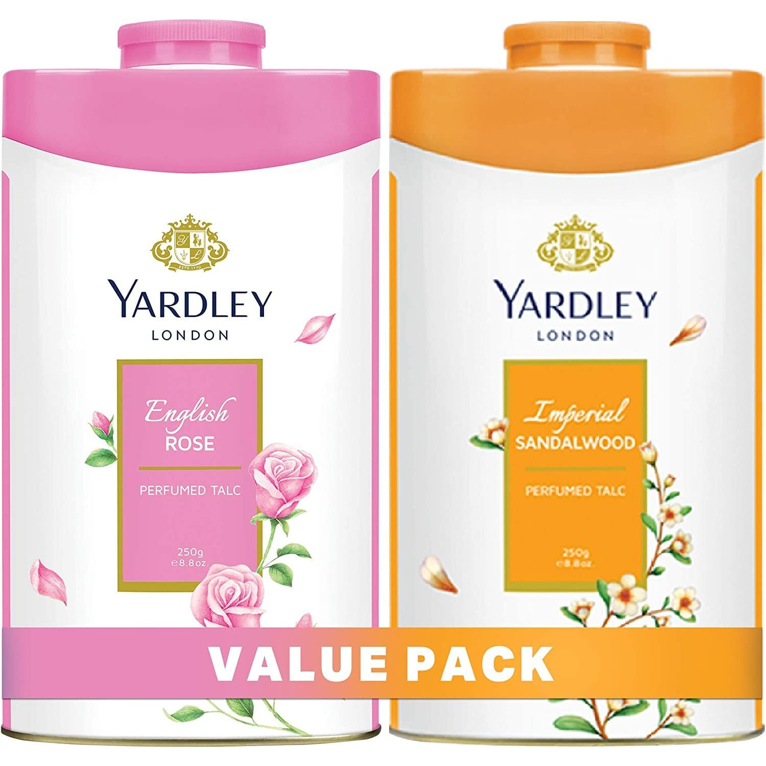 Yardley London Floral Talcum Powder, long lasting fragrance, sweat free, all day pleasant smell, 250gm x2 (English Rose, Imperial Sandalwood)