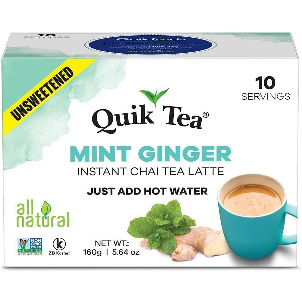 QuikTea Unsweetened Mint (Pudina) Ginger Chai Tea Latte - 10 Puches - All Natural & Preservative Free
