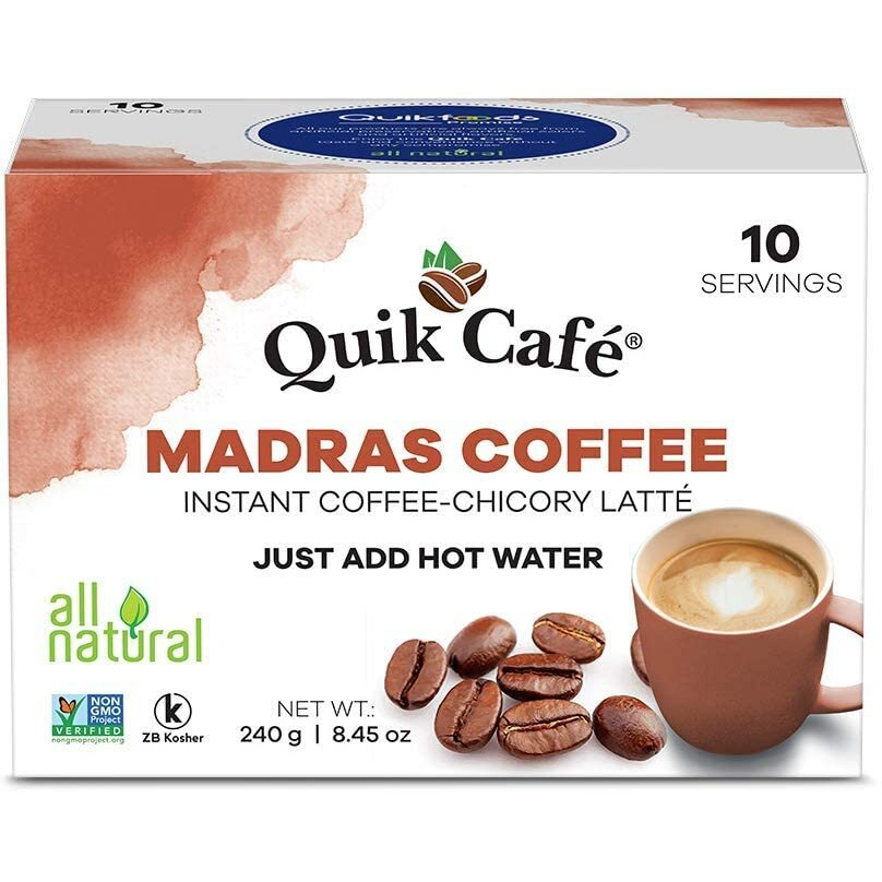 Quik Caf Madras Coffee - Single Box 10 Count - All Natural & Preservative Free Instant Coffee.