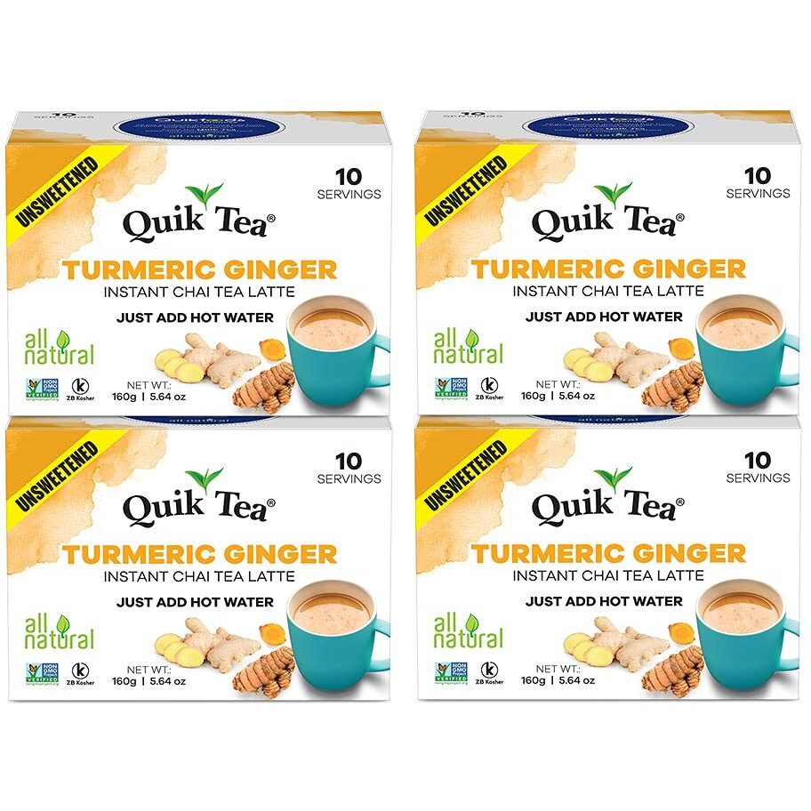 Quik Tea Unsweetened Turmeric Ginger Instant Chai Tea Latte - 40 Count (4 Boxes of 10 Each) - Preservative Free, All Natural Ingredients