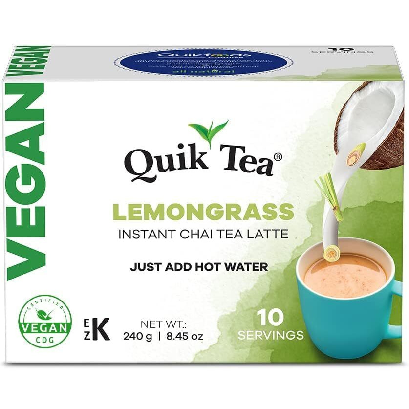 QuikTea Vegan Lemongrass Instant Chai Tea Latte - 10 Count Single Box - Easy Ayurvedic Dairy Free Alternative - All Natural Non GMO Superfood
