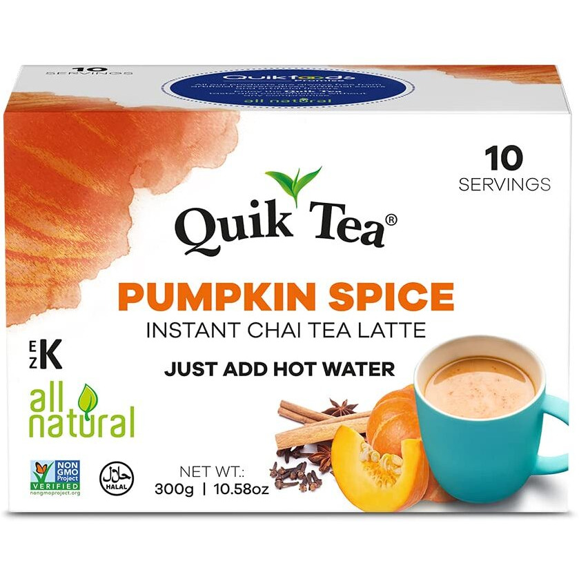 Quik Tea Pumpkin Spiced Masala Instant Chai Tea Latte Premix - 10 Count Single Box - All Natural Preservative Free Seasonal Convenient Chai