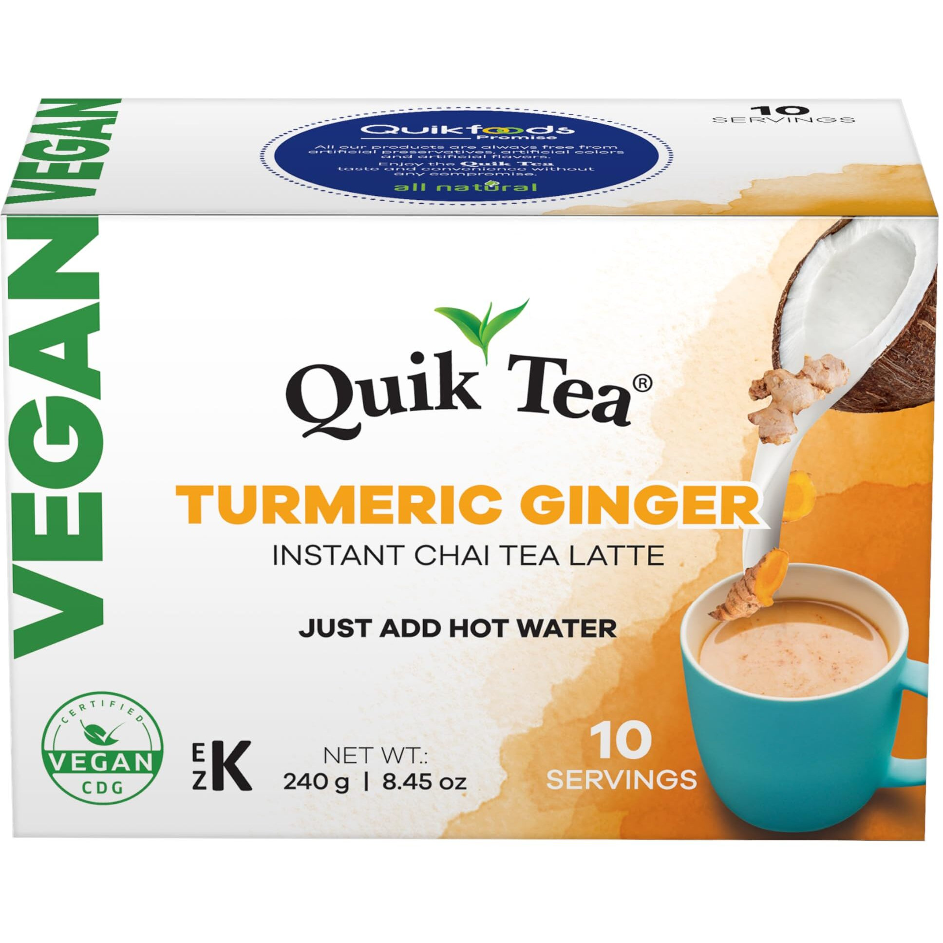 Quik Tea Vegan Turmeric Ginger Instant Chai Tea Latte - 10 Count Single Box - Convenient, Easy Ayurvedic Dairy Free Alternative