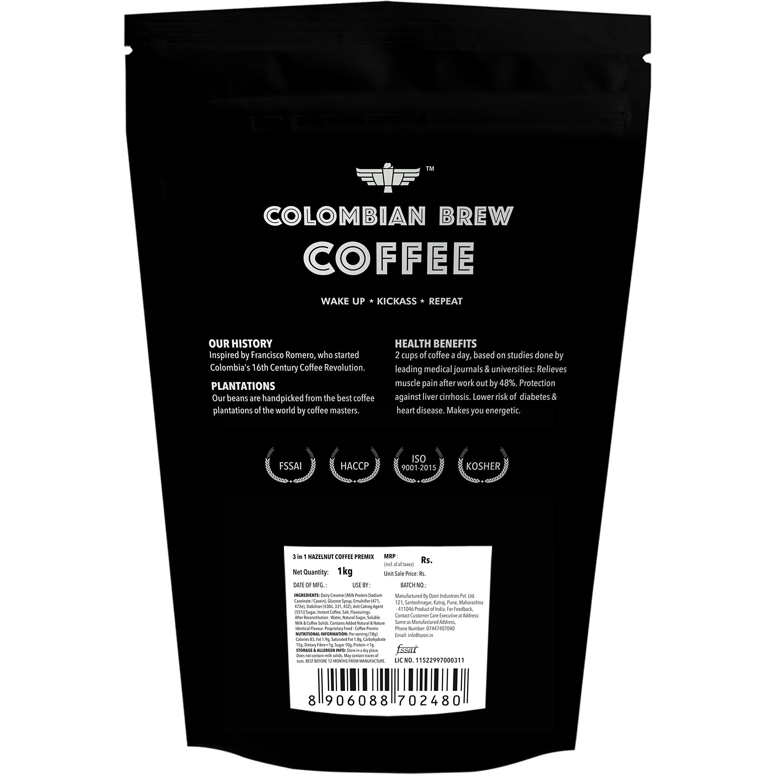 Colombian Brew Nutty Hazelnut Caf Latte, Instant Coffee Powder Pre-mix (3 in 1) 1kg