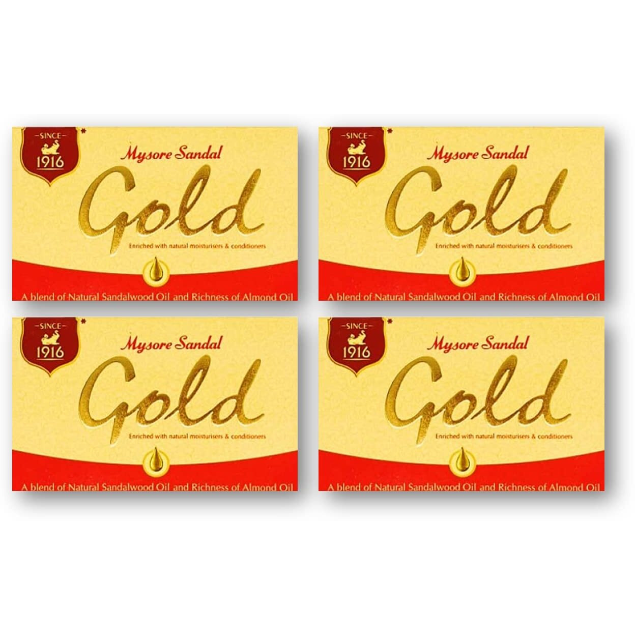 Mysore Sandal Gold Soap, 125 Grams Per Unit (Pack of 4) - Purest Sandalwood Soap - 100% Pure Essential Oils - Grade 1 Soap - TFM 80% - Suitable for ALL Skin Type - Enriched with Natural Moisturizer & Conditioners - Zero Dryness - Natural Sandalwood & Almond Oil Soap