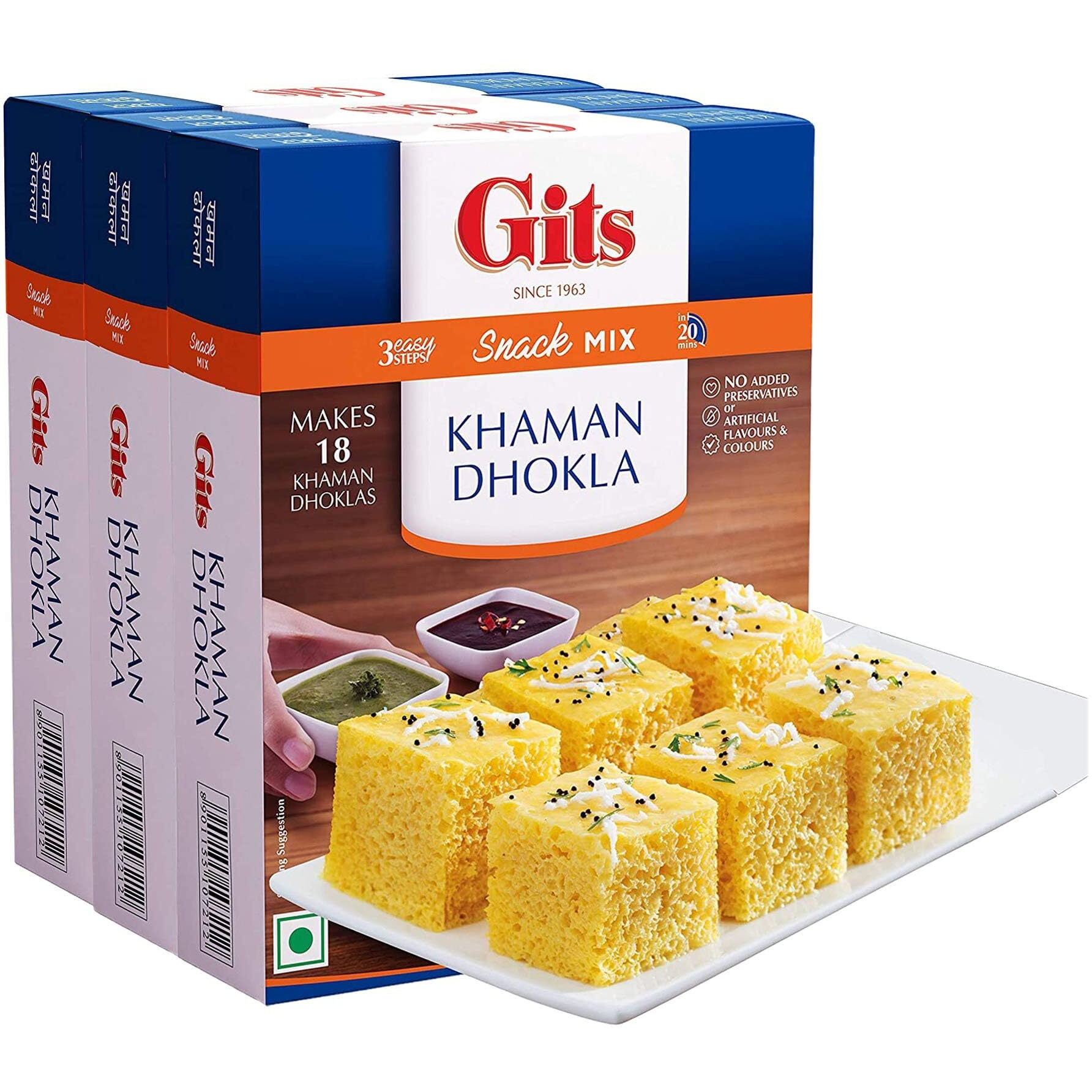 Gits Instant Mix Box - 180gm (Pack of 3) | Ready to Cook Indian Breakfast/Lunch/Dinner/Snack Meal | No Artificial Colors, Flavors, Preservatives, 100% Vegetarian, Easy Recipe (Khaman Dhokla)