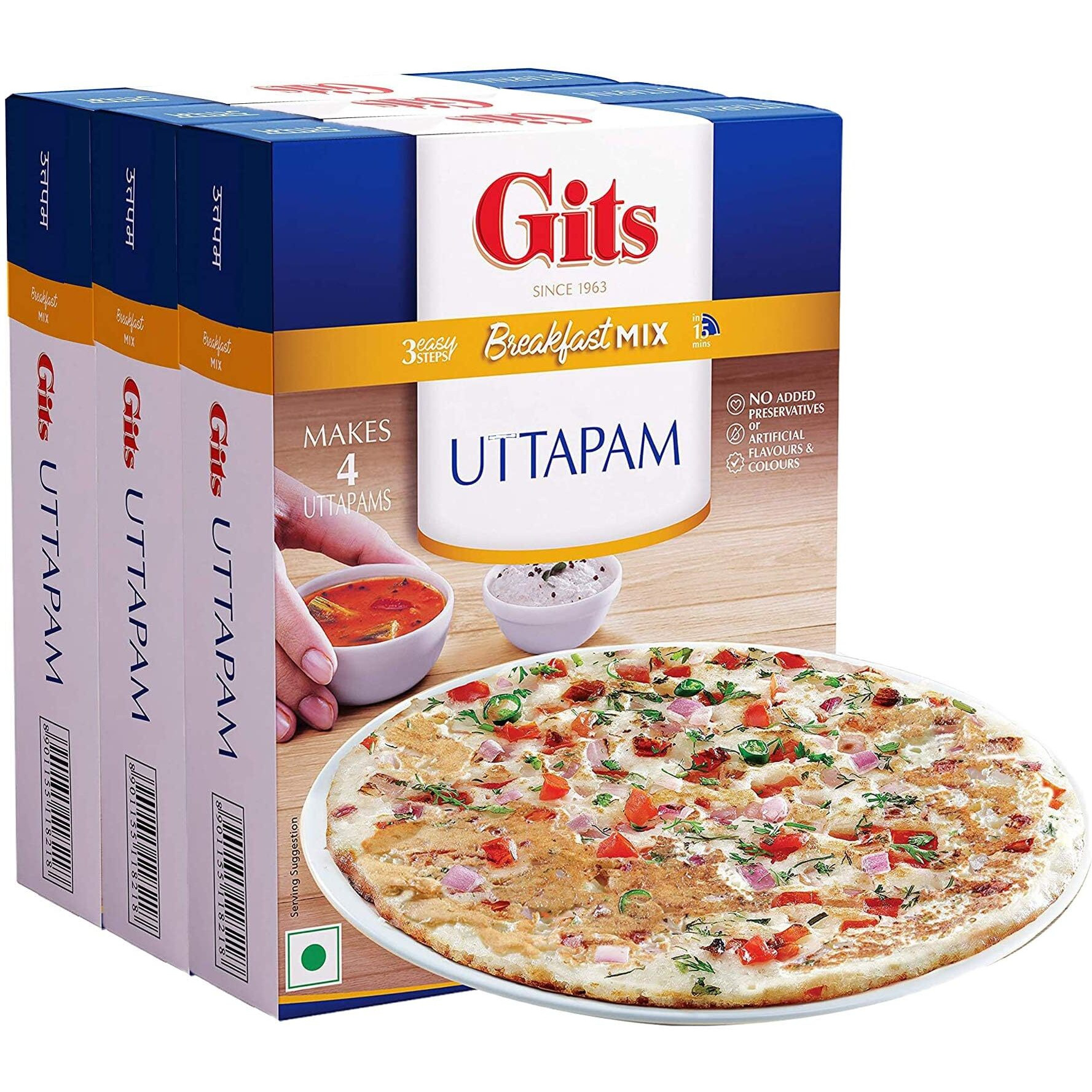 Gits Instant Mix Box - 600gm (Pack of 3 x 200gm) | Ready to Cook Indian Breakfast/Lunch/Dinner/Snack Meal | No Artificial Colors, Flavors, Preservatives, 100% Vegetarian, Easy Recipe (Uttapam)