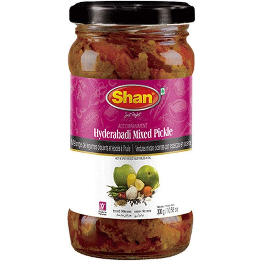 Shan Hyderabadi Mixed Pickle 10.58 oz (300g) - Hot and Spicy Mixed Vegetables Pickled in Oil  - Airtight Pet Jar